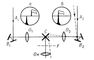 ���. 2. ���������� ������������� ����������: B<sub>1</sub> � B<sub>2</sub> � ����������, ������������� �� ������ ����; O<sub>1</sub> � O<sub>2</sub> � ���������� �������, �������� �����������; � � ����������� ���������� (������), ����������� ��� ����������� � ����� ��������� ��������� F , �<sub>�</sub> � ������. � ������� �������� ������� � ������ ����������� �� ���������� (�) � ����� ���������� (�). ���������.