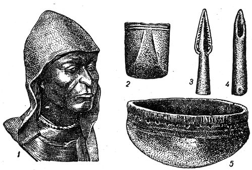 Ананьинская культура: 1 — тип ананьица; 2 — бронзовый топор—кельт; 3 — бронзовый наконечник копья; 4 — костяная мотыга; 5 — глиняный сосуд. Ананьинская культура.