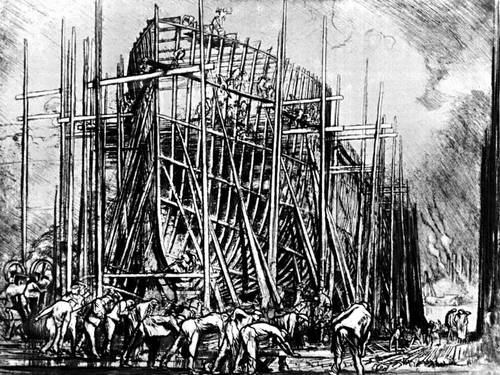 Ф. Брэнгвин. «Постройка корабля». Офорт. 1912. Брэнгвин Фрэнк.