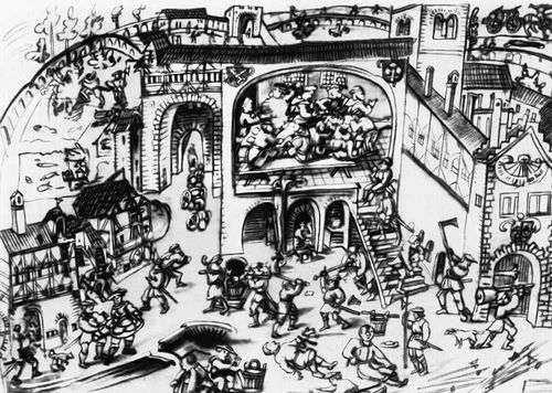 Восставшие крестьяне штурмуют монастырь. Из хроники 16 в. Германия.
