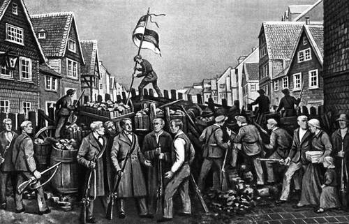 Фридрих Энгельс на баррикадах в Эльберфельде. Май 1849. Гравюра 19 в. Германия.