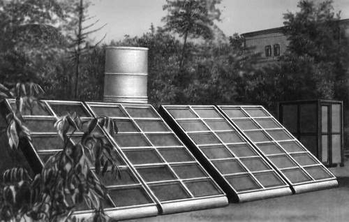 Передвижной гелионагреватель производительностью 1000 л воды (60°C) в день; площадь водонагревателя 15 м<sup>2</sup>. Горячий ящик.