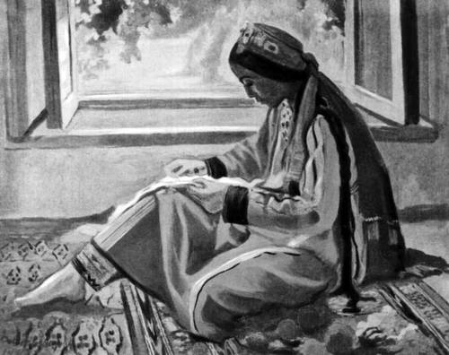 Ю. П. Данешвар. <span style='font-family:Arial;layout-grid-mode:line'>«</span>За рукоделием<span style='font-family:Arial;layout-grid-mode:line'>»</span>. 1947. Музей изобразительных искусств Туркменской ССР. Ашхабад. Данешвар Юлия Прокофьевна.