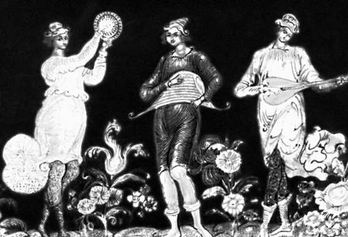 И. И. Голиков. Коробочка «Три музыканта». Миниатюрная живопись темперой по лаку. Палех. 1926. Музей народного искусства. Москва. Палехская миниатюра.