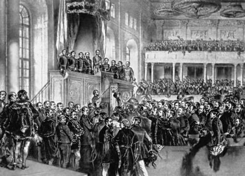 Открытие Государственного собрания в Пеште 15 марта 1848. Зал заседаний. На трибуне среди членов правительства — Л. Кошут, И. Сеченьи, Л. Баттьяни. Рисунок А. Петтенкофена и Й. Боршоша. Революция 1848-49 в Венгрии.