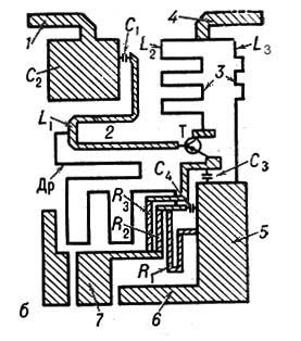 . 6.   ()  -  ()   : 1  ; 2    ,    ; 3    ;4  ; 5, 6   ; 7      U;    ; T  ; R<sub>1</sub>, R<sub>2</sub>, R<sub>3</sub>,  ; C<sub>1</sub>, C<sub>2</sub>, C<sub>3</sub>, C<sub>4</sub>  ; L<sub>1</sub>, L<sub>2</sub>, L<sub>3</sub>   c.