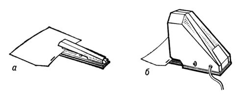 Сшиватели документов: а — ручной, типа «Пеликан-2»; б — электрический, типа «Импульс-2». Сшиватель.